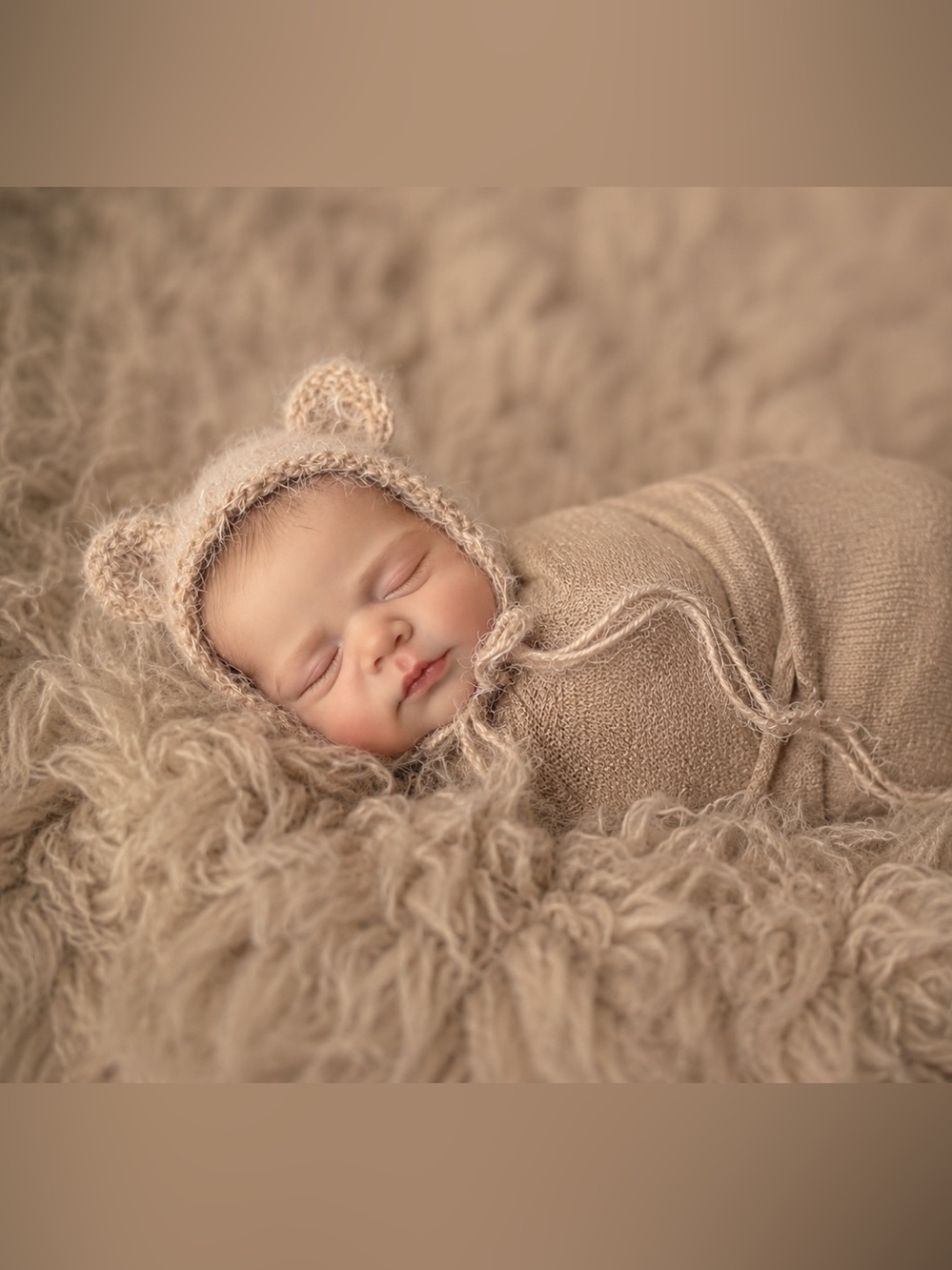 Hand Knit Bear Ear Baby Bonnet Photo Prop | Newborn Size | Beige